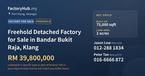 Factory For Sale - Freehold Detached Factory for Sale in Bandar Bukit Raja, Klang - Port Klang, Selangor