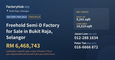 Factory For Sale - Freehold Semi-D Factory for Sale in Bukit Raja, Selangor - Bukit Raja, Selangor
