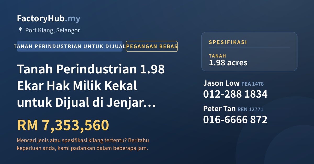 Tanah Untuk Dijual - Tanah Perindustrian 1.98 Ekar Hak Milik Kekal untuk Dijual di Jenjarom, Klang - Port Klang, Selangor