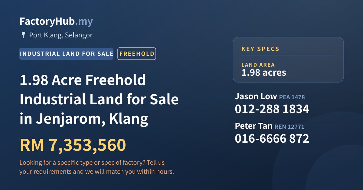 Land For Sale - 1.98 Acre Freehold Industrial Land for Sale in Jenjarom, Klang - Port Klang, Selangor