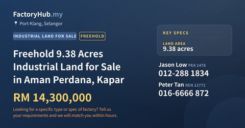 Land For Sale - Freehold 9.38 Acres Industrial Land for Sale in Aman Perdana, Kapar - Port Klang, Selangor