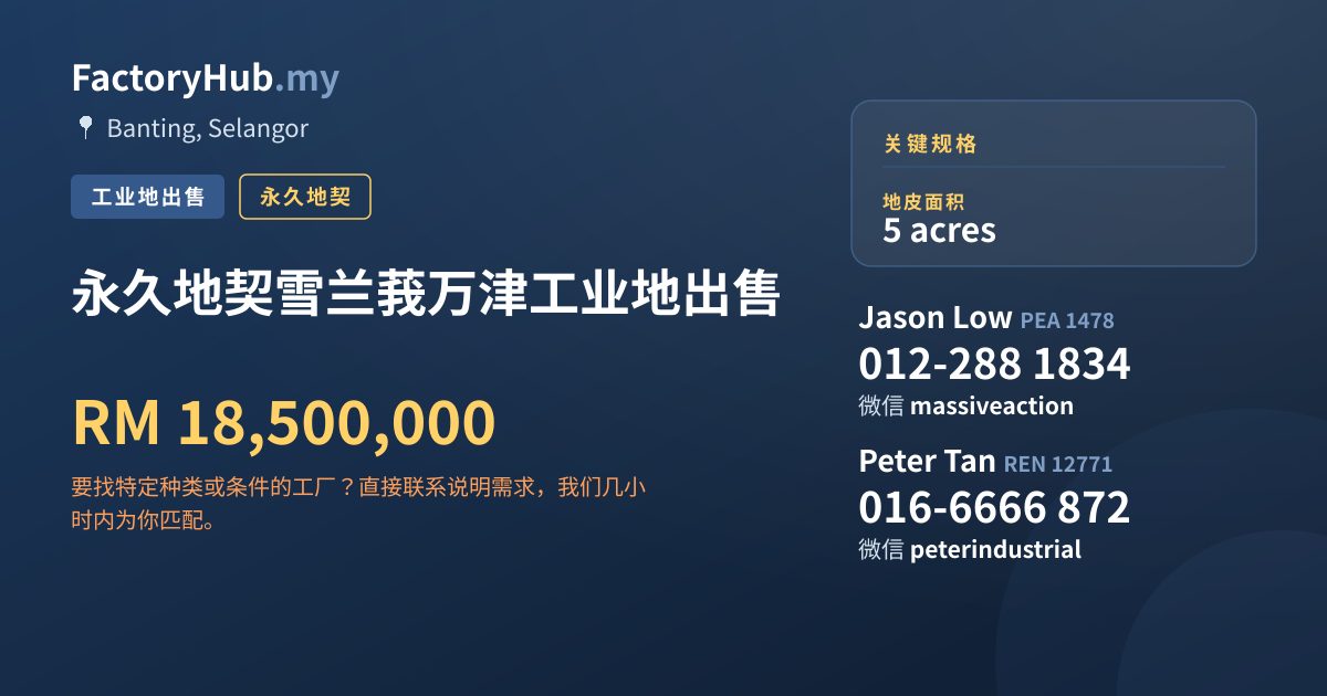 土地 出售 - 永久地契雪兰莪万津工业地出售 - Banting, Selangor