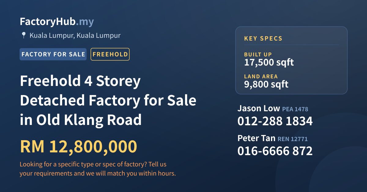 Factory For Sale - Freehold 4 Storey Detached Factory for Sale in Old Klang Road - Kuala Lumpur, Kuala Lumpur