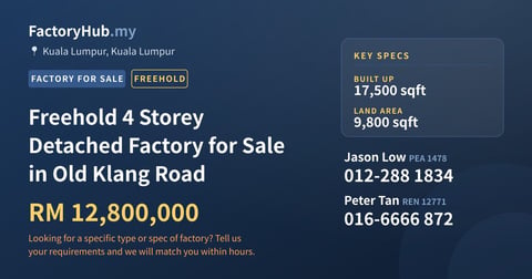 Factory For Sale - Freehold 4 Storey Detached Factory for Sale in Old Klang Road - Kuala Lumpur, Kuala Lumpur