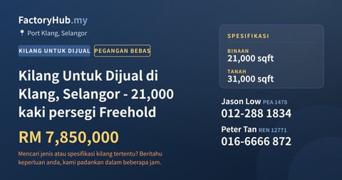 Kilang Untuk Dijual - Kilang Untuk Dijual di Klang, Selangor - 21,000 kaki persegi Freehold - Port Klang, Selangor