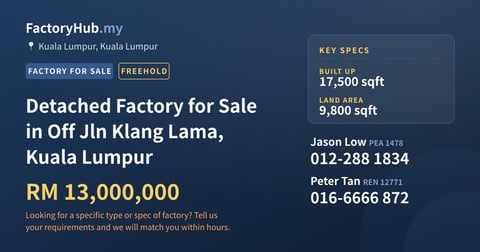 Factory For Sale - Detached Factory for Sale in Off Jln Klang Lama, Kuala Lumpur - Kuala Lumpur, Kuala Lumpur