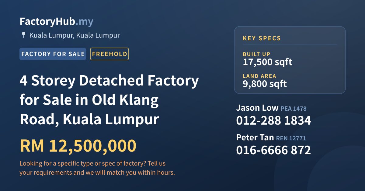 Factory For Sale - 4 Storey Detached Factory for Sale in Old Klang Road, Kuala Lumpur - Kuala Lumpur, Kuala Lumpur