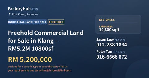 Land For Sale - Freehold Commercial Land for Sale in Klang – RM5.2M 10800sf - Port Klang, Selangor