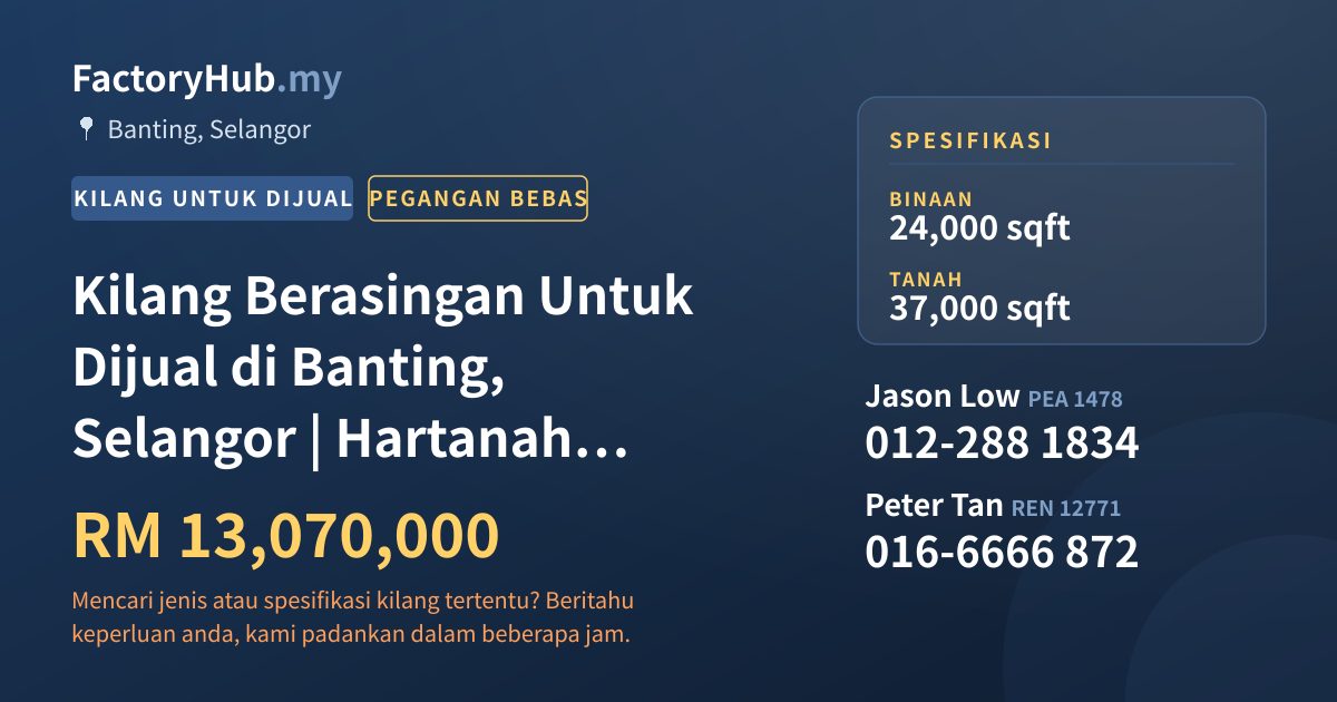 Kilang Untuk Dijual - Kilang Berasingan Untuk Dijual di Banting, Selangor | Hartanah Perindustrian Bebas - Banting, Selangor