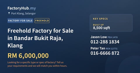 Factory For Sale - Freehold Factory for Sale in Bandar Bukit Raja, Klang - Port Klang, Selangor