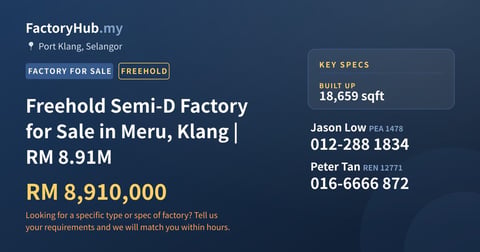 Factory For Sale - Freehold Semi-D Factory for Sale in Meru, Klang | RM 8.91M - Port Klang, Selangor