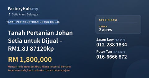 Tanah Untuk Dijual - Tanah Pertanian Johan Setia untuk Dijual – RM1.8J 87120kp - Port Klang, Selangor