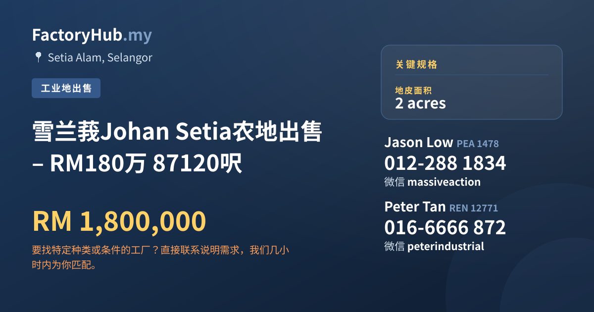 土地 出售 - 雪兰莪Johan Setia农地出售 – RM180万 87120呎 - Setia Alam, Selangor