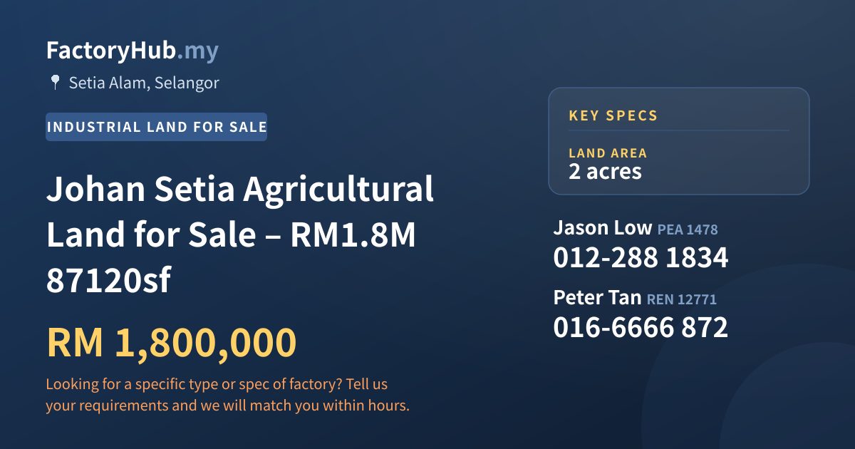Land For Sale - Johan Setia Agricultural Land for Sale – RM1.8M 87120sf - Setia Alam, Selangor