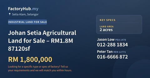 Land For Sale - Johan Setia Agricultural Land for Sale – RM1.8M 87120sf - Port Klang, Selangor