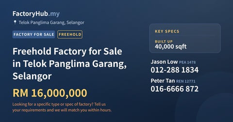 Factory For Sale - Freehold Factory for Sale in Telok Panglima Garang, Selangor - Telok Panglima Garang, Selangor