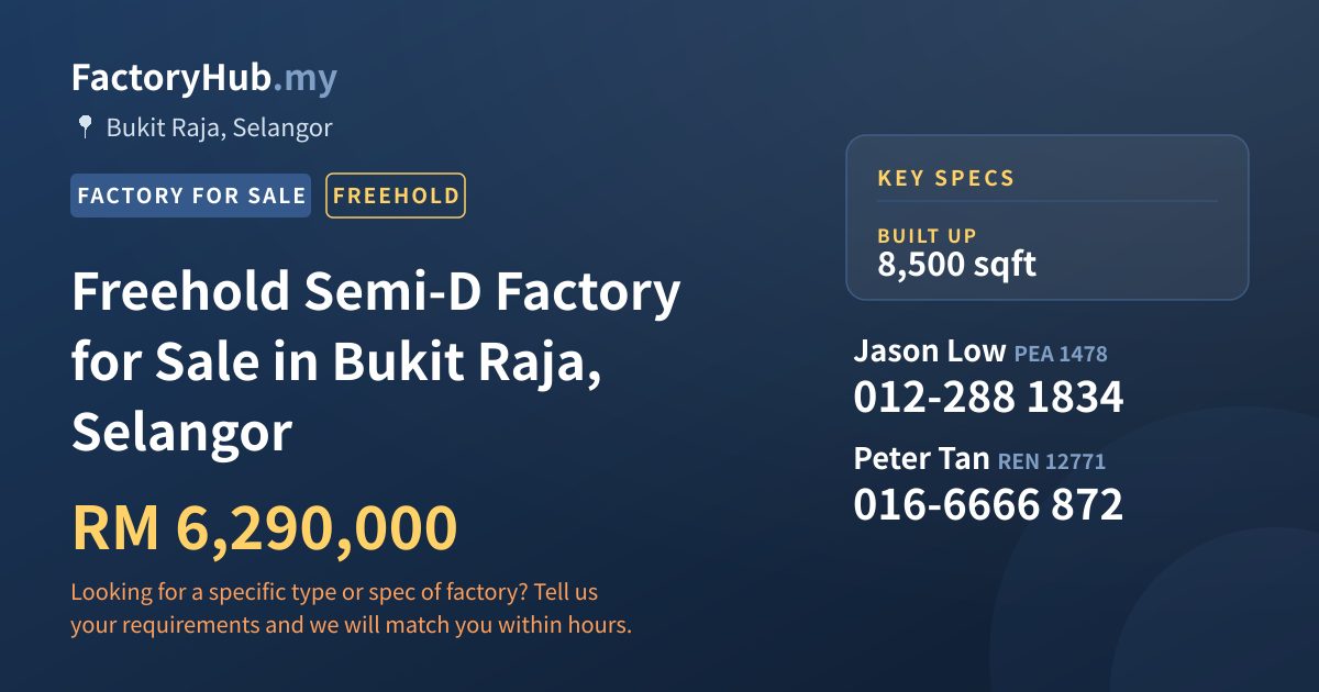 Factory For Sale - Freehold Semi-D Factory for Sale in Bukit Raja, Selangor - Bukit Raja, Selangor