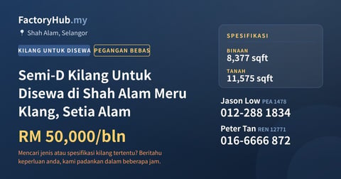 Kilang Untuk Disewa - Semi-D Kilang Untuk Disewa di Shah Alam Meru Klang, Setia Alam - Shah Alam, Selangor