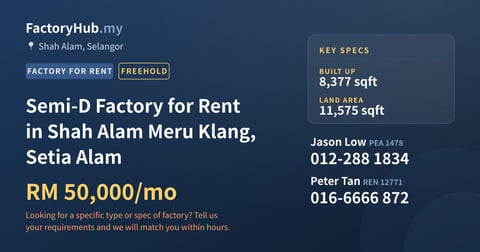 Factory For Rent - Semi-D Factory for Rent in Shah Alam Meru Klang, Setia Alam - Shah Alam, Selangor