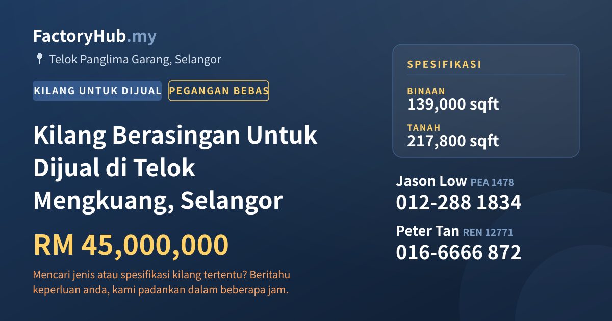 Kilang Untuk Dijual - Kilang Berasingan Untuk Dijual di Telok Mengkuang, Selangor - Telok Panglima Garang, Selangor