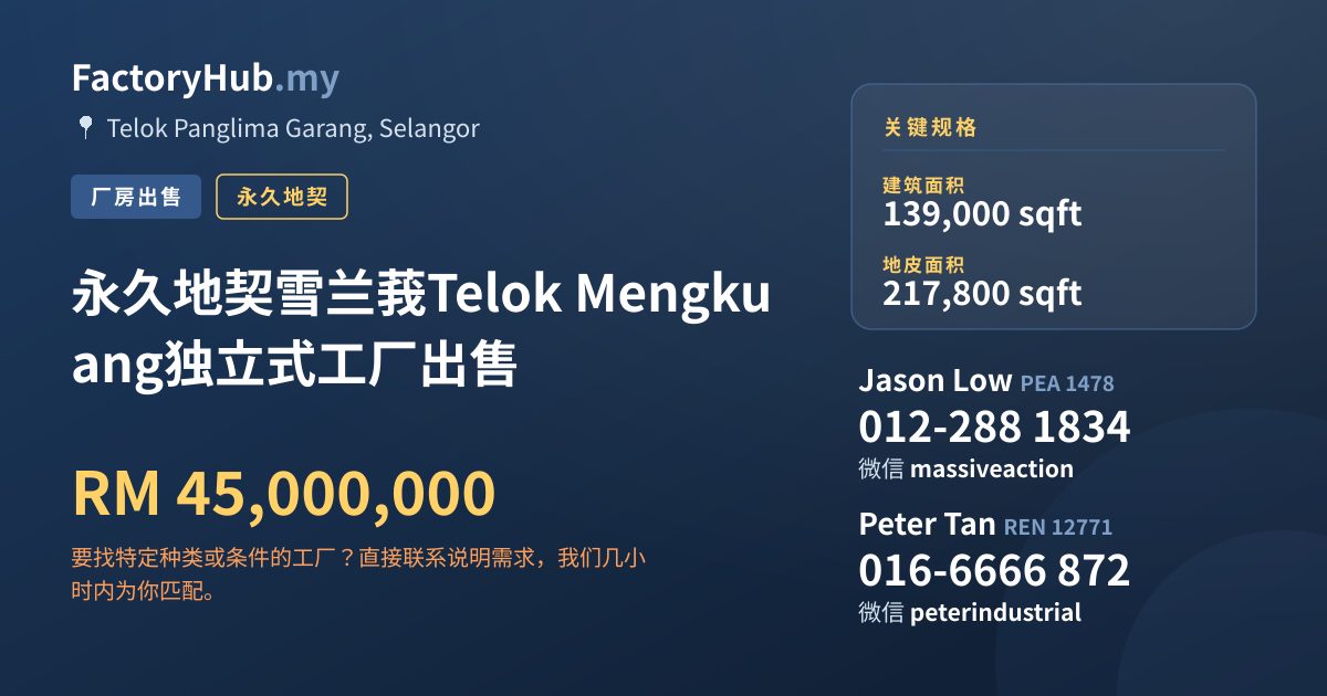 工厂 出售 - 永久地契雪兰莪Telok Mengkuang独立式工厂出售 - Telok Panglima Garang, Selangor
