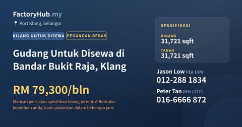 Kilang Untuk Disewa - Gudang Untuk Disewa di Bandar Bukit Raja, Klang - Port Klang, Selangor