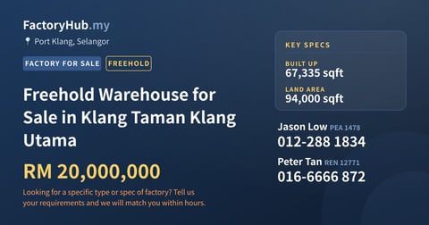 Factory For Sale - Freehold Warehouse for Sale in Klang Taman Klang Utama - Port Klang, Selangor