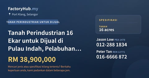 Tanah Untuk Dijual - Tanah Perindustrian 16 Ekar untuk Dijual di Pulau Indah, Pelabuhan Klang - Port Klang, Selangor