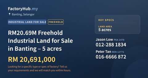 Land For Sale - RM20.69M Freehold Industrial Land for Sale in Banting – 5 acres - Banting, Selangor