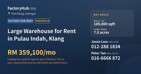 Factory For Rent - Large Warehouse for Rent in Pulau Indah, Klang - Port Klang, Selangor