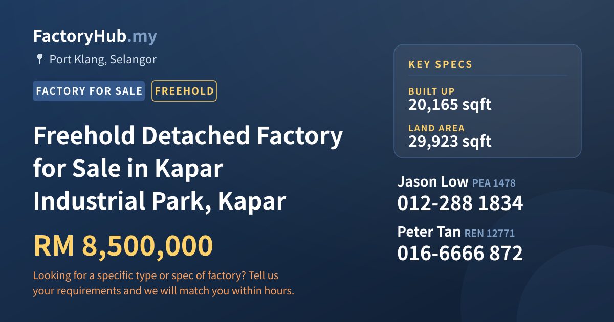Factory For Sale - Freehold Detached Factory for Sale in Kapar Industrial Park, Kapar - Port Klang, Selangor