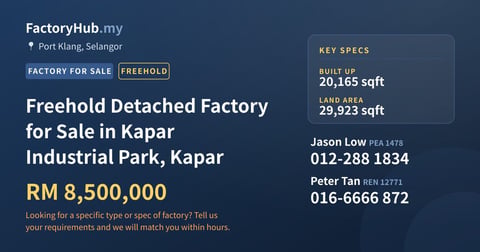 Factory For Sale - Freehold Detached Factory for Sale in Kapar Industrial Park, Kapar - Port Klang, Selangor
