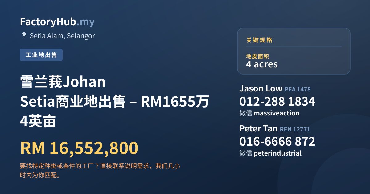 土地 出售 - 雪兰莪Johan Setia商业地出售 – RM1655万 4英亩 - Setia Alam, Selangor