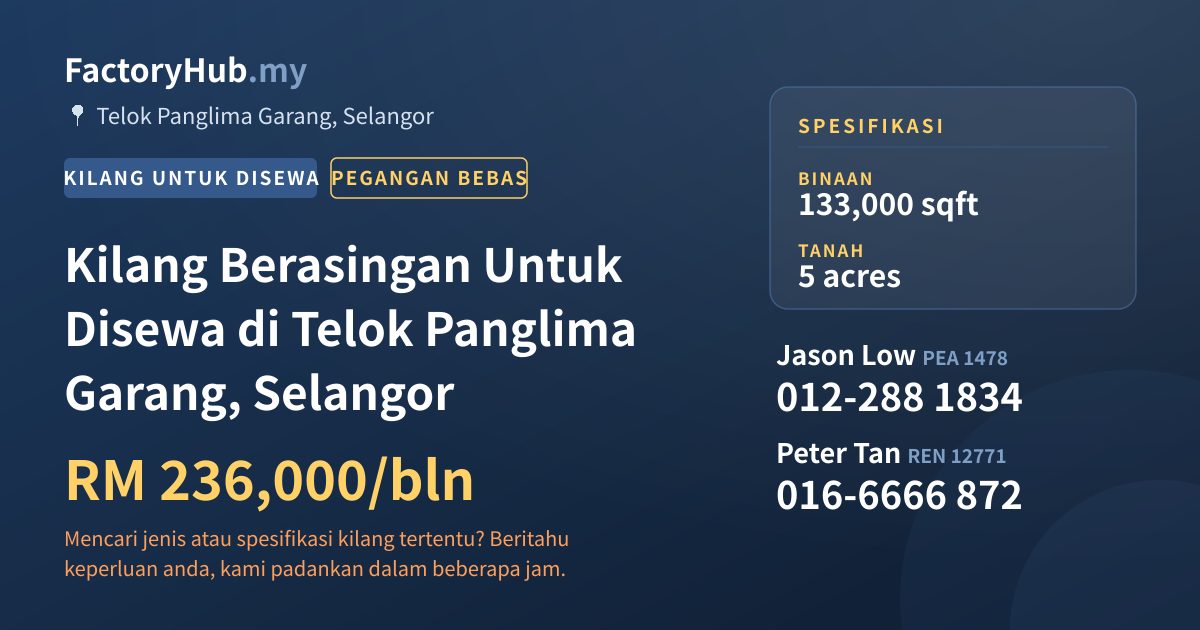 Kilang Untuk Disewa - Kilang Berasingan Untuk Disewa di Telok Panglima Garang, Selangor - Telok Panglima Garang, Selangor