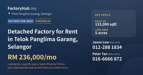 Factory For Rent - Detached Factory for Rent in Telok Panglima Garang, Selangor - Telok Panglima Garang, Selangor