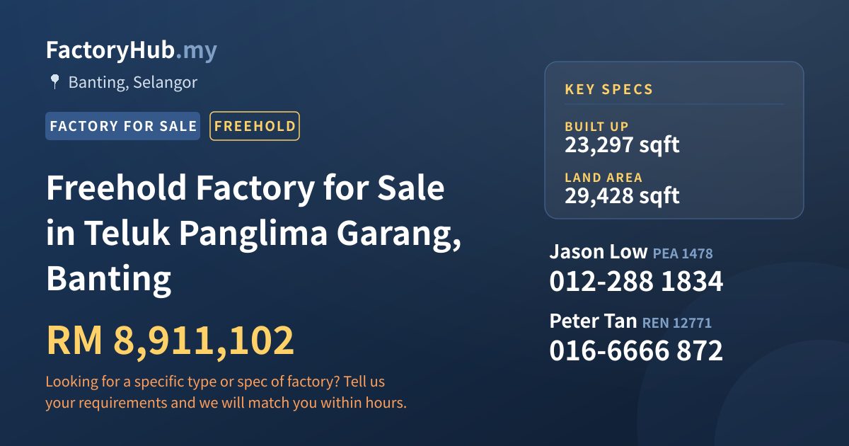 Factory For Sale - Freehold Factory for Sale in Teluk Panglima Garang, Banting - Banting, Selangor