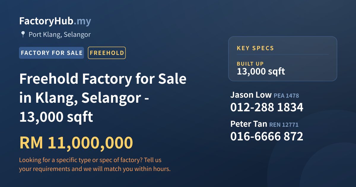Factory For Sale - Freehold Factory for Sale in Klang, Selangor - 13,000 sqft - Port Klang, Selangor