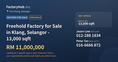 Factory For Sale - Freehold Factory for Sale in Klang, Selangor - 13,000 sqft - Port Klang, Selangor