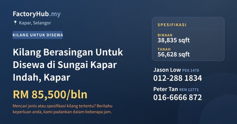 Kilang Untuk Disewa - Kilang Berasingan Untuk Disewa di Sungai Kapar Indah, Kapar - Kapar, Selangor