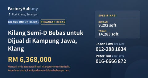 Kilang Untuk Dijual - Kilang Semi-D Bebas untuk Dijual di Kampung Jawa, Klang - Port Klang, Selangor