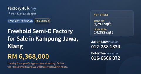 Factory For Sale - Freehold Semi-D Factory for Sale in Kampung Jawa, Klang - Port Klang, Selangor