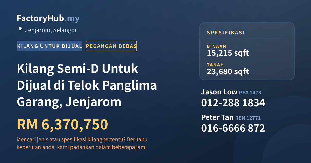 Kilang Untuk Dijual - Kilang Semi-D Untuk Dijual di Telok Panglima Garang, Jenjarom - Jenjarom, Selangor