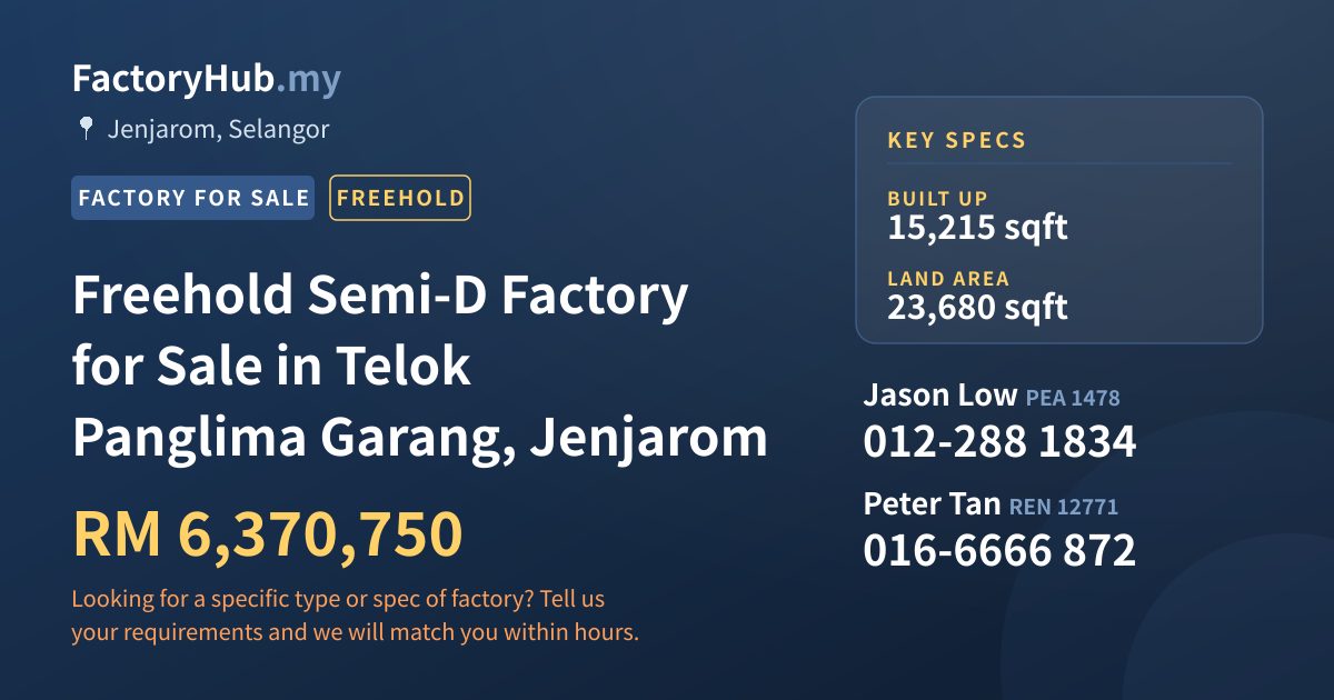 Factory For Sale - Freehold Semi-D Factory for Sale in Telok Panglima Garang, Jenjarom - Jenjarom, Selangor