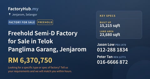 Factory For Sale - Freehold Semi-D Factory for Sale in Telok Panglima Garang, Jenjarom - Jenjarom, Selangor