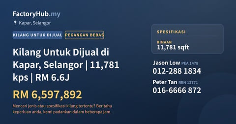 Kilang Untuk Dijual - Kilang Untuk Dijual di Kapar, Selangor | 11,781 kps | RM 6.6J - Kapar, Selangor