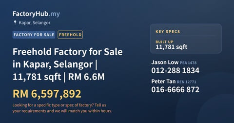 Factory For Sale - Freehold Factory for Sale in Kapar, Selangor | 11,781 sqft | RM 6.6M - Kapar, Selangor
