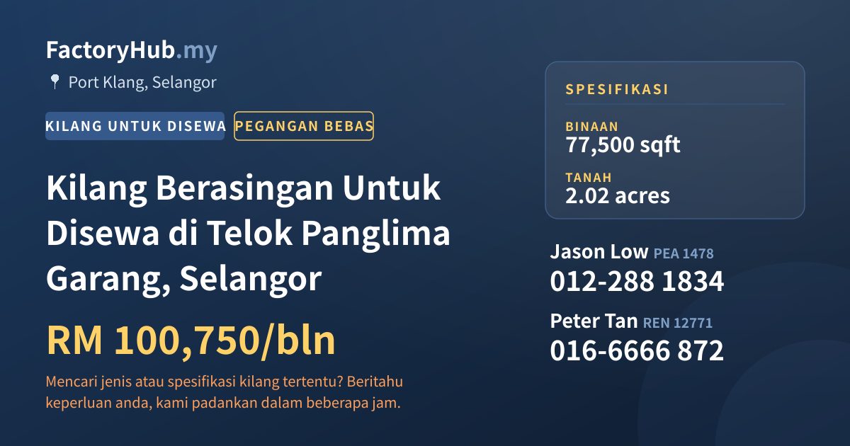 Kilang Untuk Disewa - Kilang Berasingan Untuk Disewa di Telok Panglima Garang, Selangor - Port Klang, Selangor