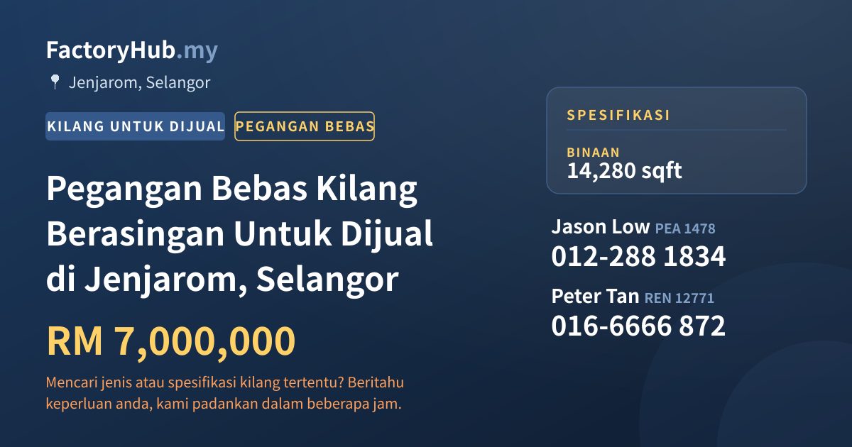 Kilang Untuk Dijual - Pegangan Bebas Kilang Berasingan Untuk Dijual di Jenjarom, Selangor - Jenjarom, Selangor