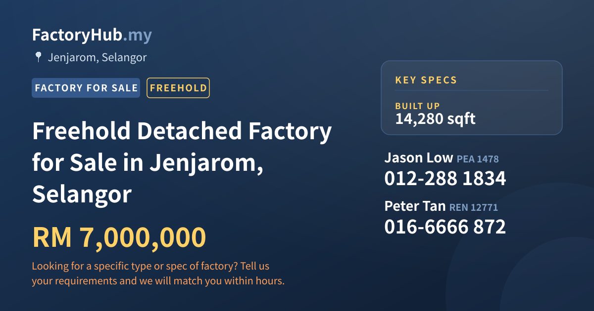 Factory For Sale - Freehold Detached Factory for Sale in Jenjarom, Selangor - Jenjarom, Selangor