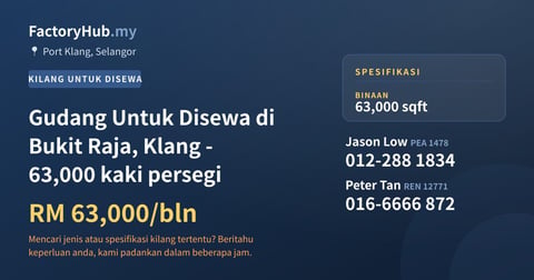 Kilang Untuk Disewa - Gudang Untuk Disewa di Bukit Raja, Klang - 63,000 kaki persegi - Port Klang, Selangor
